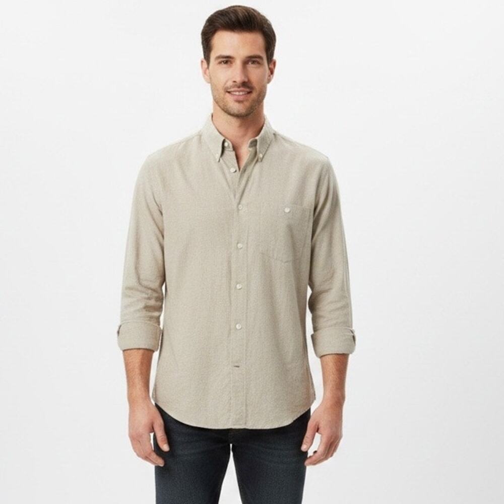 Hugo Boss Mens XL Cotton Button Front Shirt Beige Long Sleeve Casual Lightweight